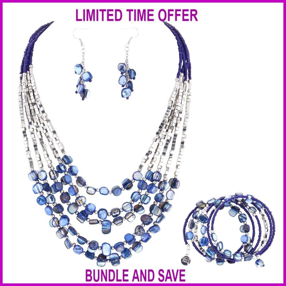 Boho Shell Bead Necklace Set with Earrings Bracelet 22 Inch Lobster Clasp